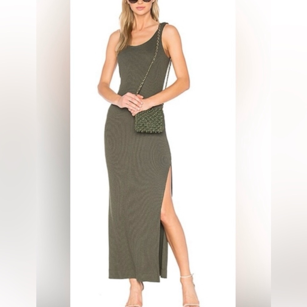NEW L'AGENCE ADA Olive Green Maxi Jersey Dress with Side Slit S